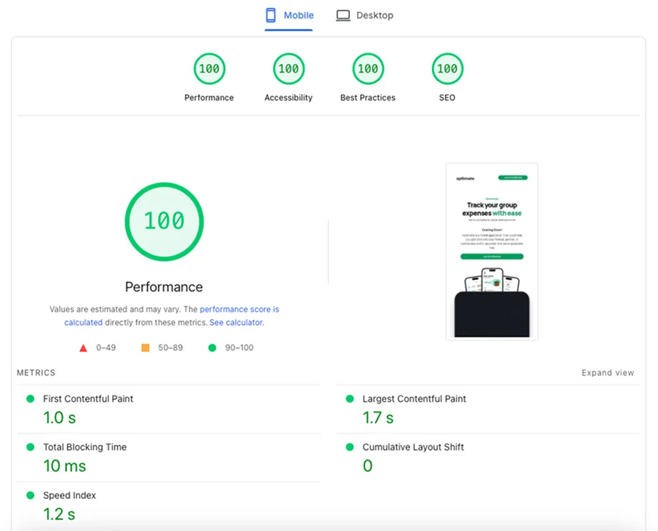 a screenshot of a 100 page score of a website called Splitmate